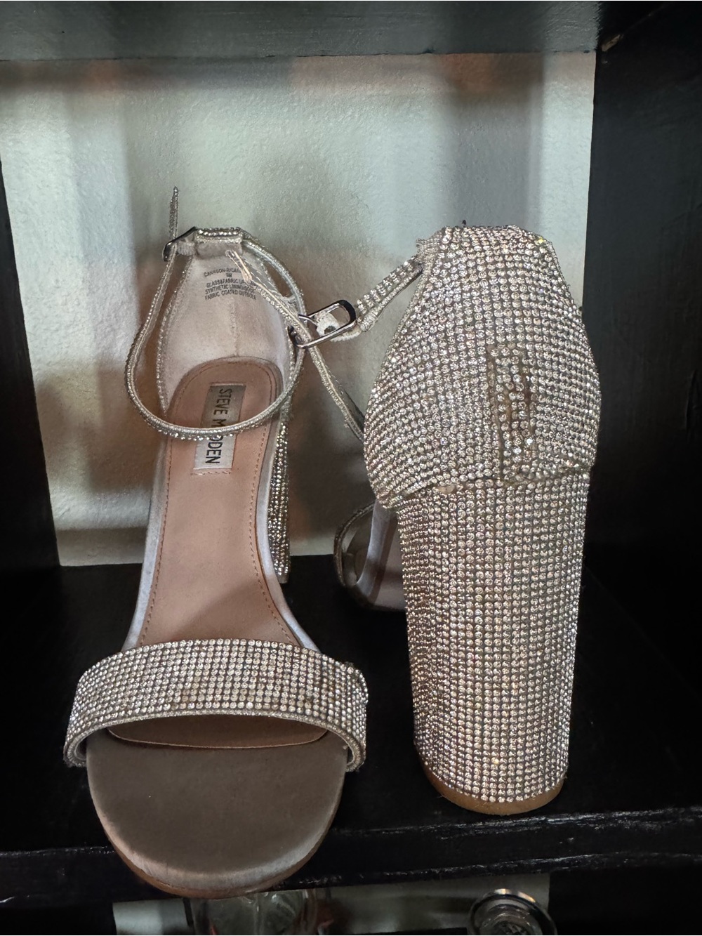 Steve Madden Silver Crystal Embellished Block Heel Sandals - Picture 3 of 6